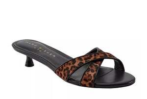 Marc Fisher LTD Tracey Leopard Calf Hair Crisscross Kitten Heel Slide Sandals